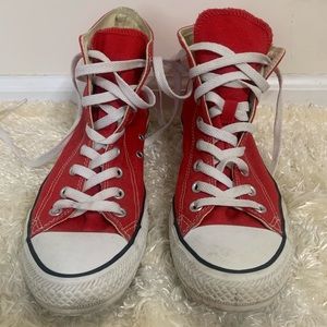 Red and white high top converse
